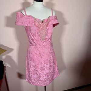 Vintage 1980 Retro Pink Damask Embroidered Off the shoulders Mini Prom Dress